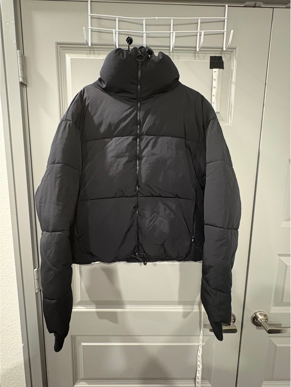 Zara Black Puffer Jacket with Adjustable Hem and High Collar, Size S